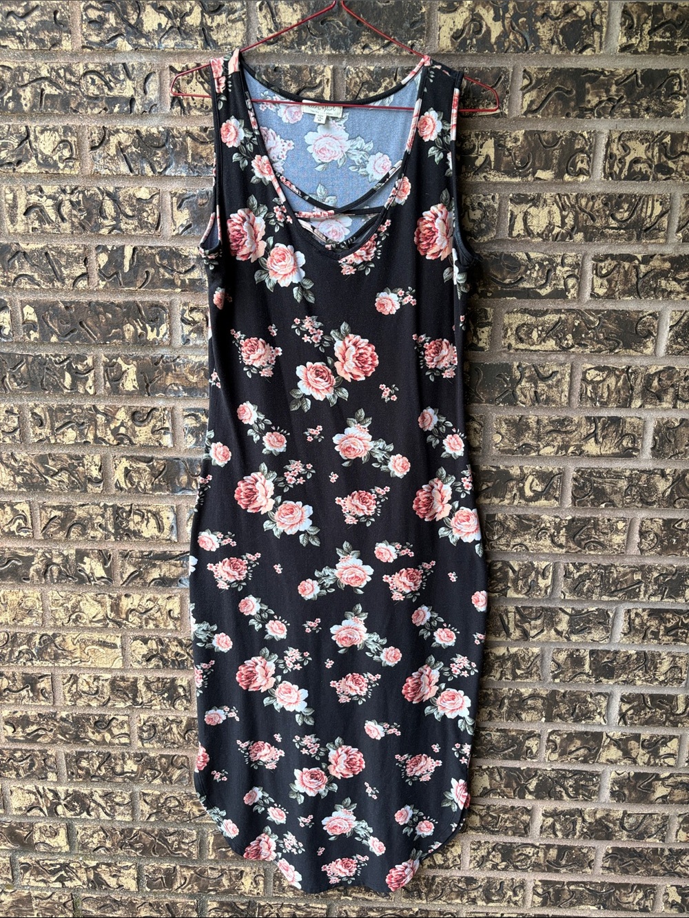 🪷Ultra Flirt Sleeveless Floral Midi Dress, Black with Pink Roses, M